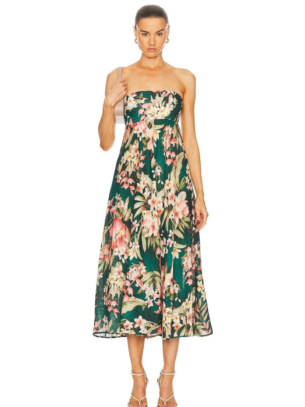 Zimmermann Lexi Bandeau Linen  Strapless Floral Green Midi Dress Size 1